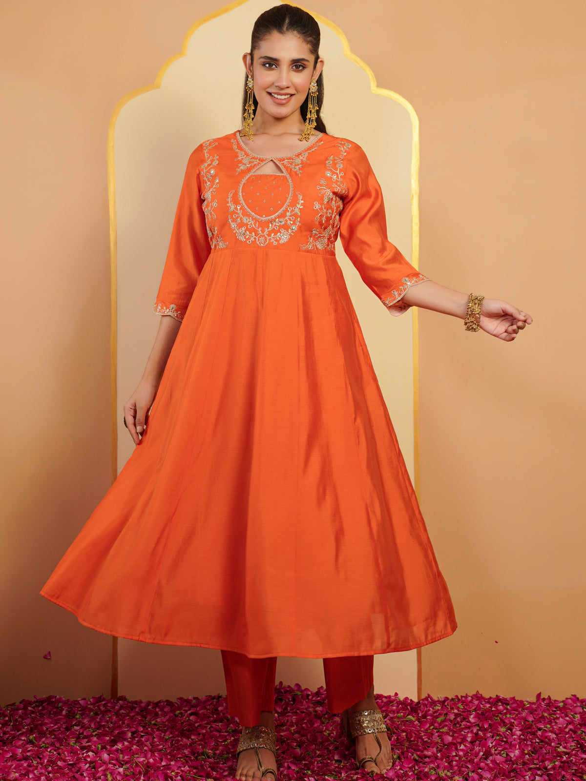 Embroidered chanderi solid anarkali orange kurta