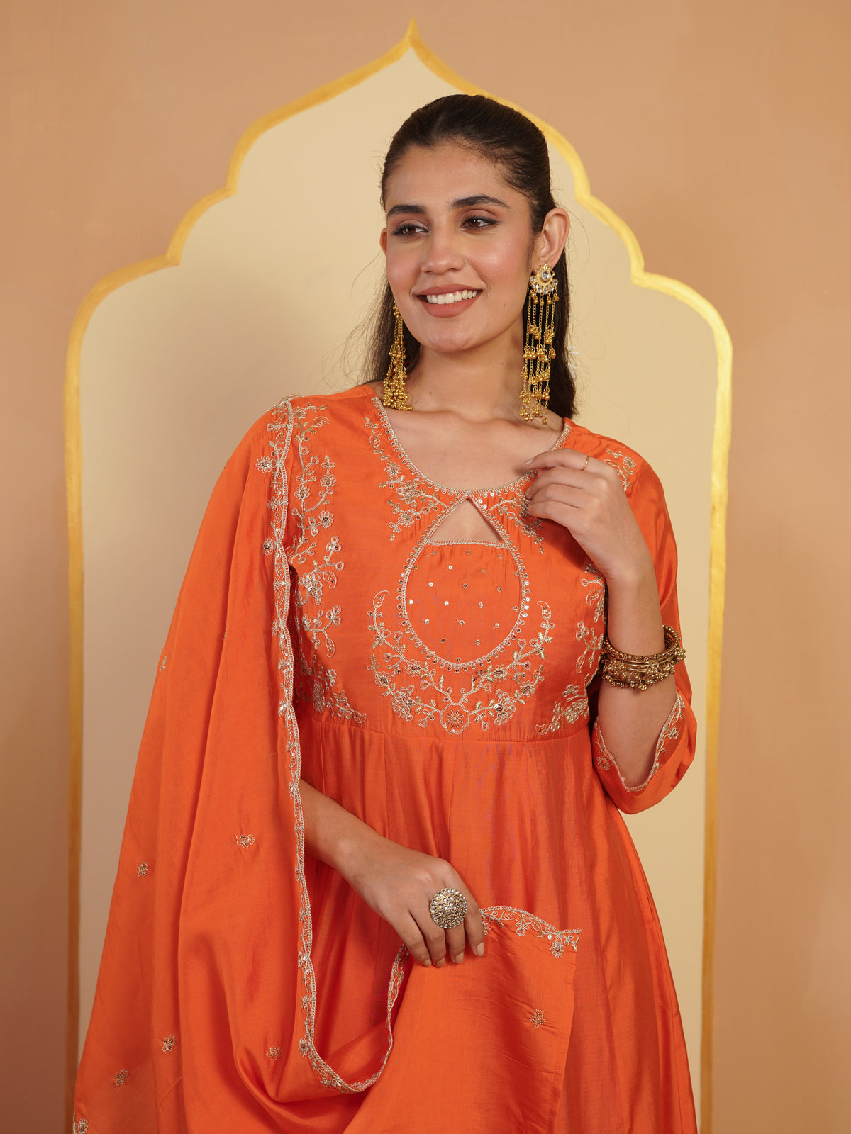 Embroidered chanderi solid anarkali orange kurta