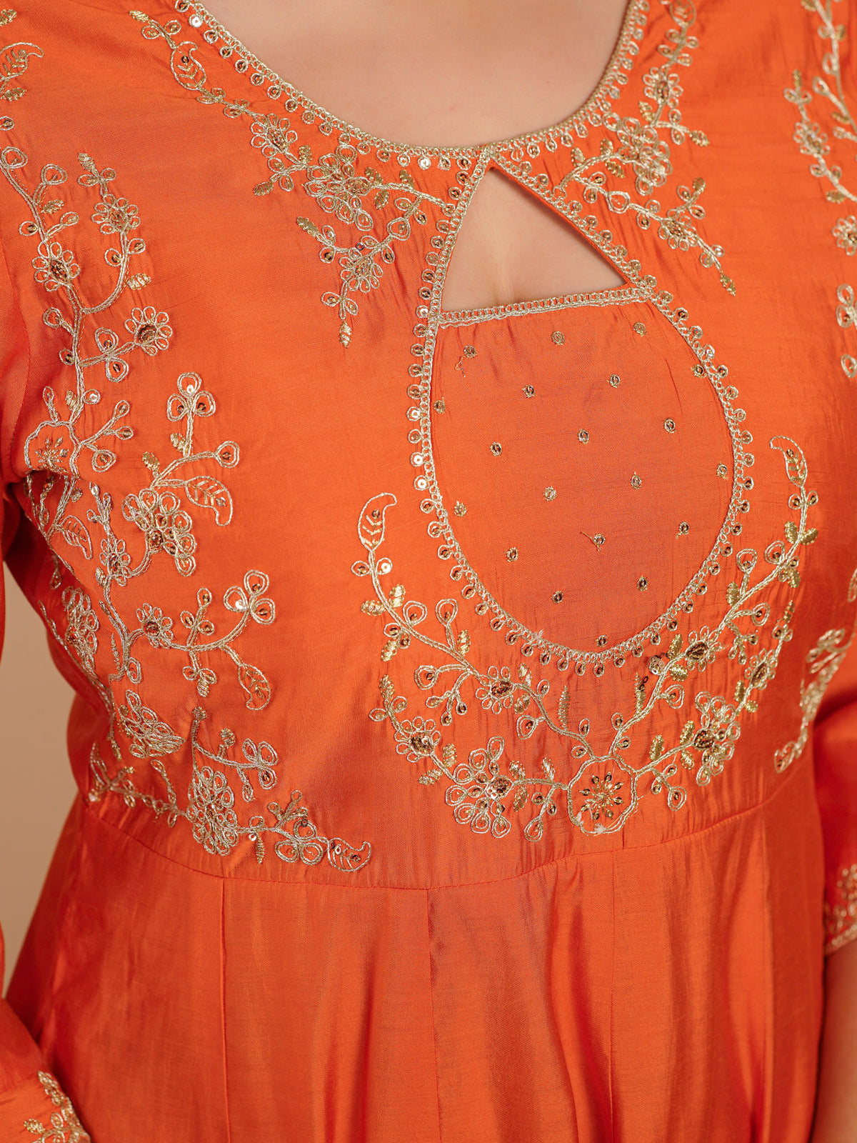 Embroidered chanderi solid anarkali orange kurta