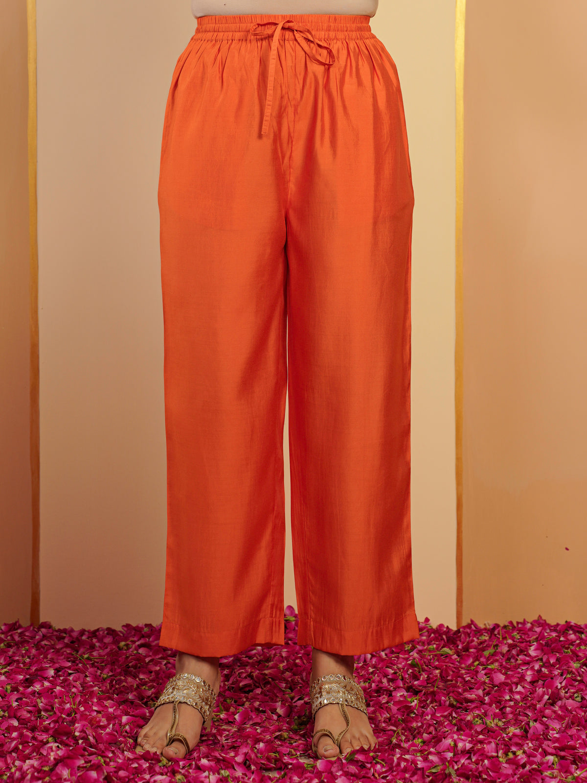 Embroidered chanderi solid anarkali orange kurta