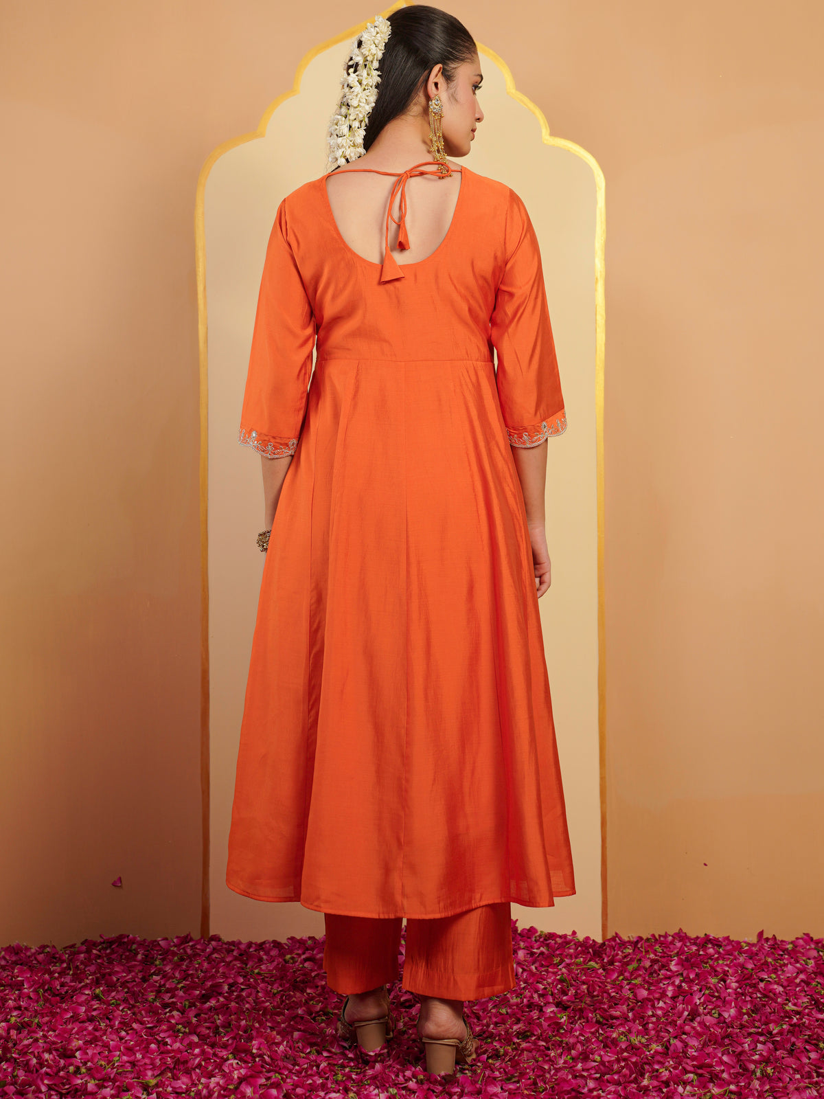 Embroidered chanderi solid anarkali orange kurta