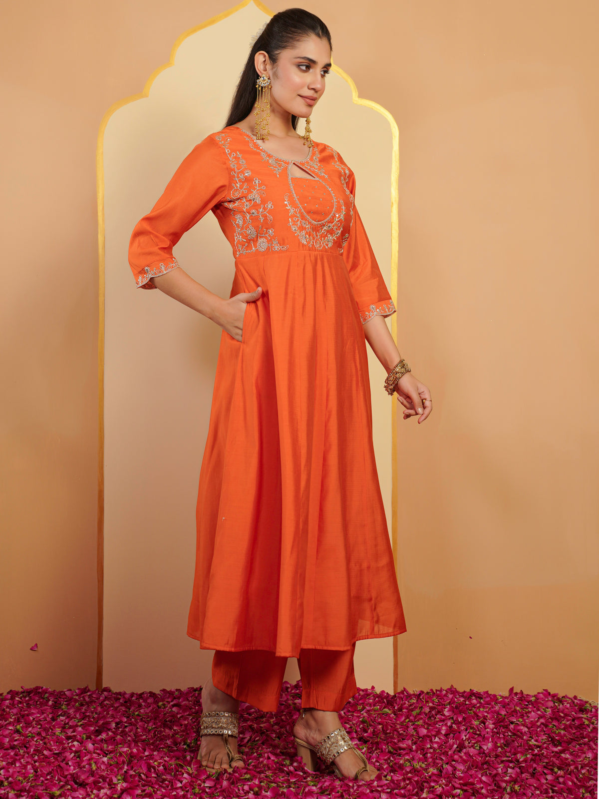 Embroidered chanderi solid anarkali orange kurta
