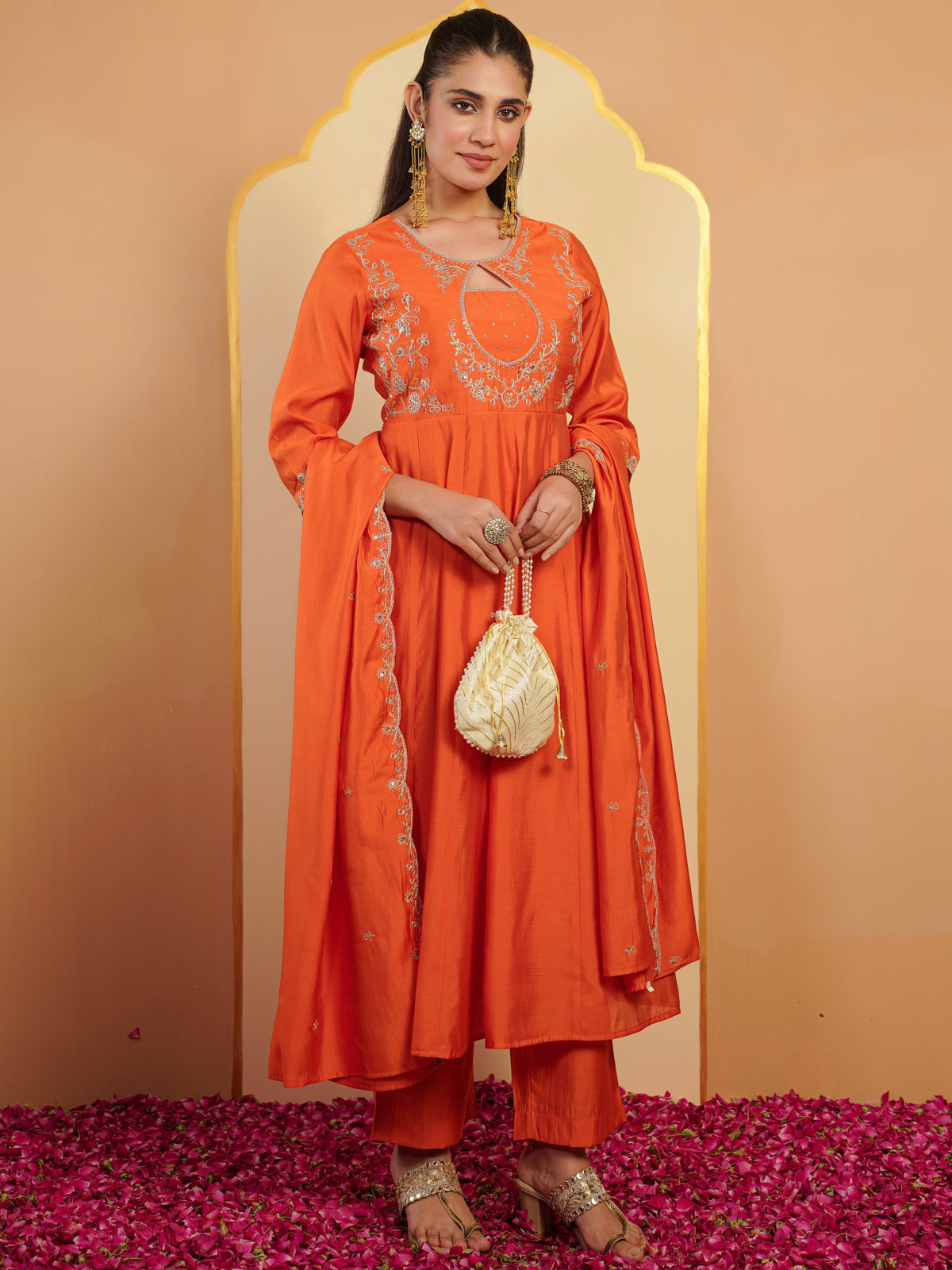 Embroidered chanderi solid anarkali orange kurta