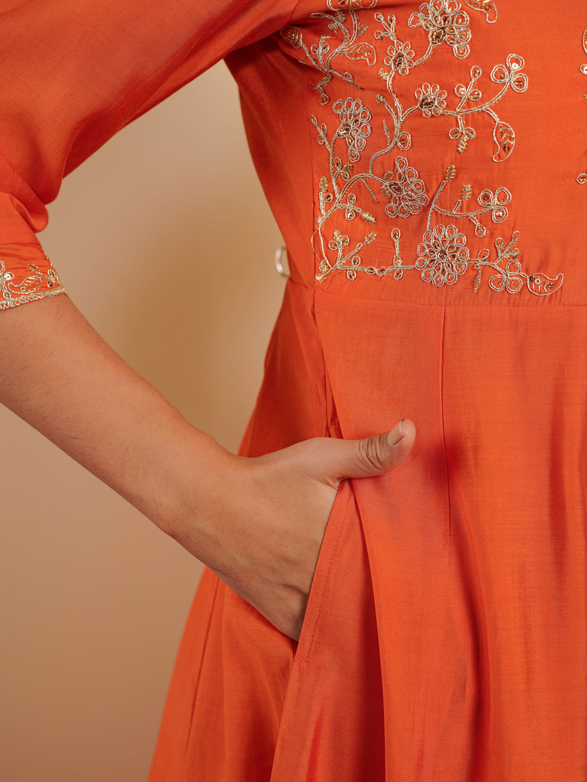 Embroidered chanderi solid anarkali orange kurta