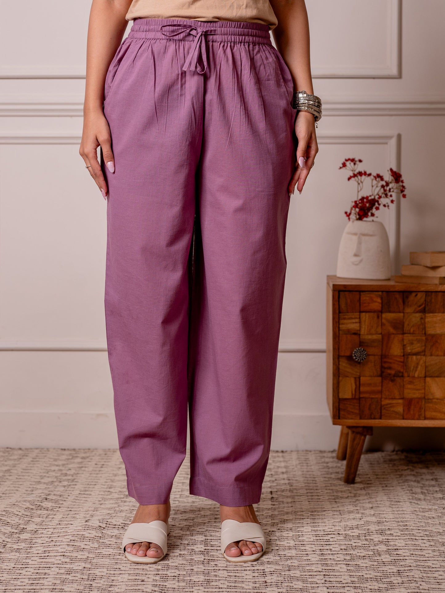 Soft cotton Solid Purple Straight Trousers