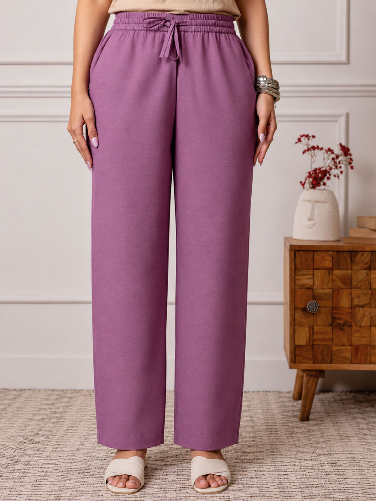 Soft Cotton Solid Purple Straight Trousers