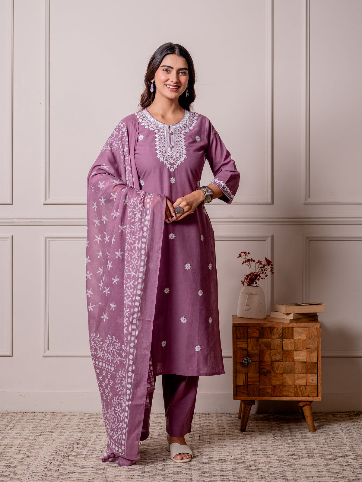 Embroidered Soft Cotton Solid Straight Purple Kurta