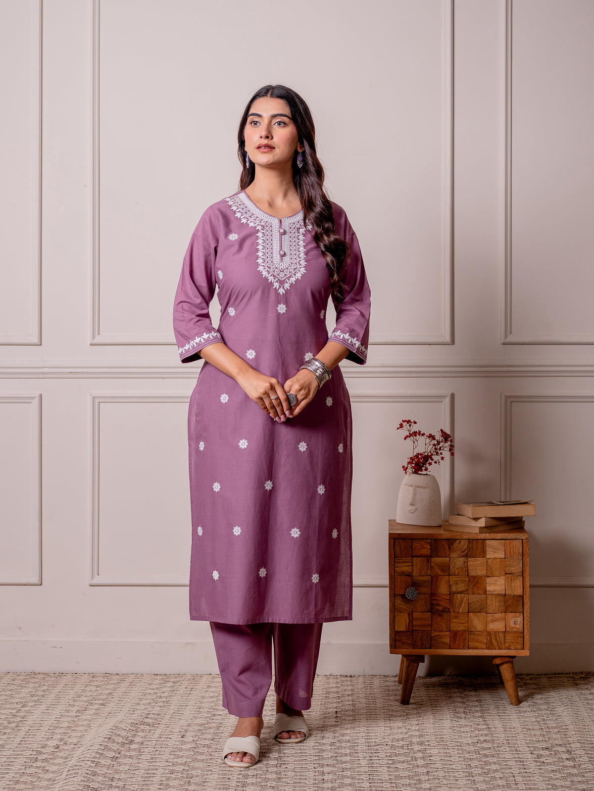 Embroidered Soft Cotton Solid Straight Purple Kurta