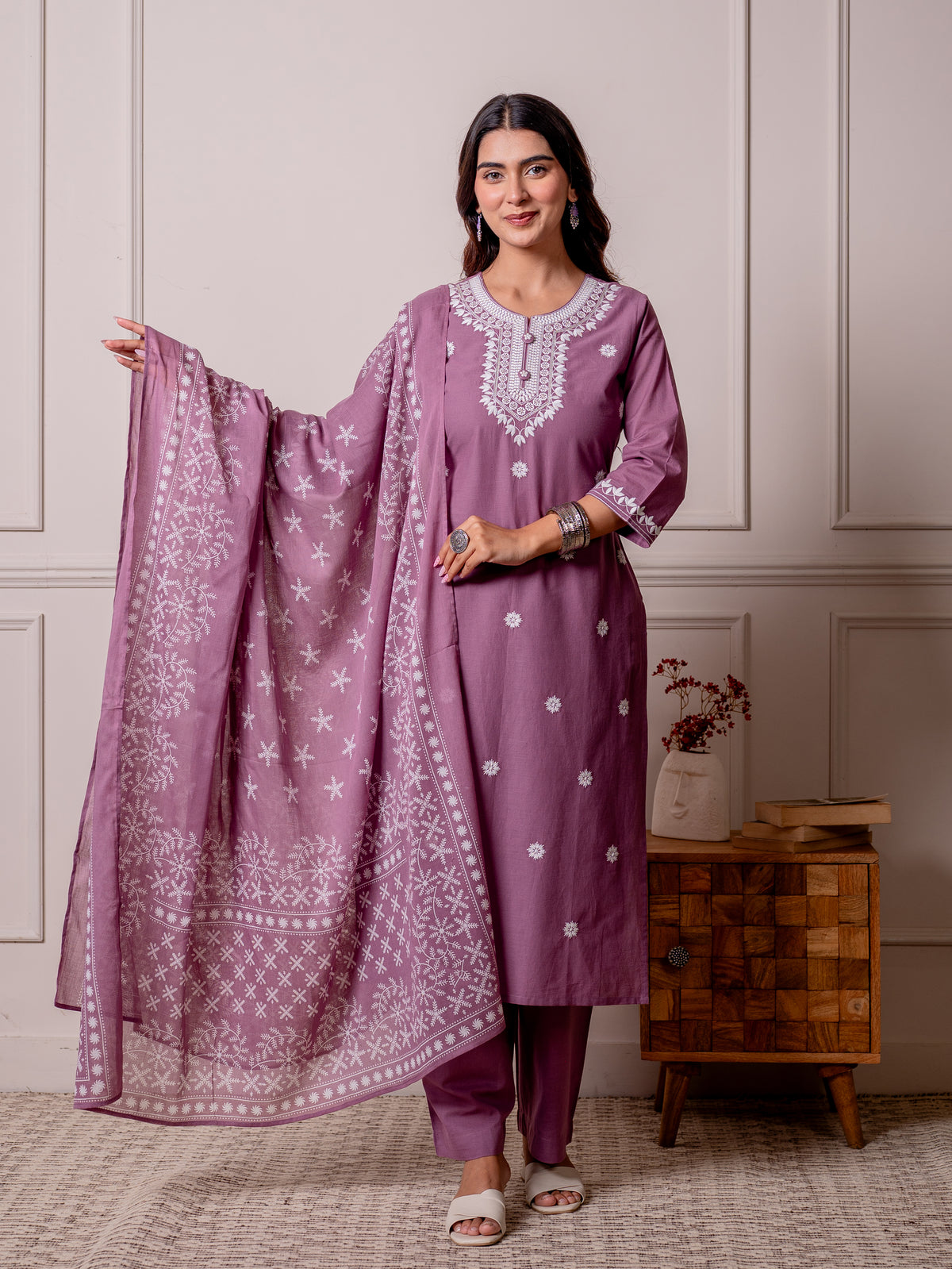 Embroidered Soft Cotton Solid Straight Purple Kurta