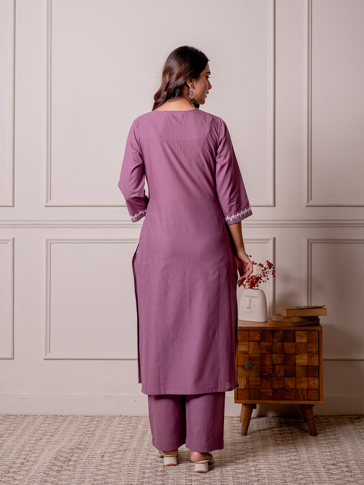 Embroidered Soft Cotton Solid Straight Purple Kurta