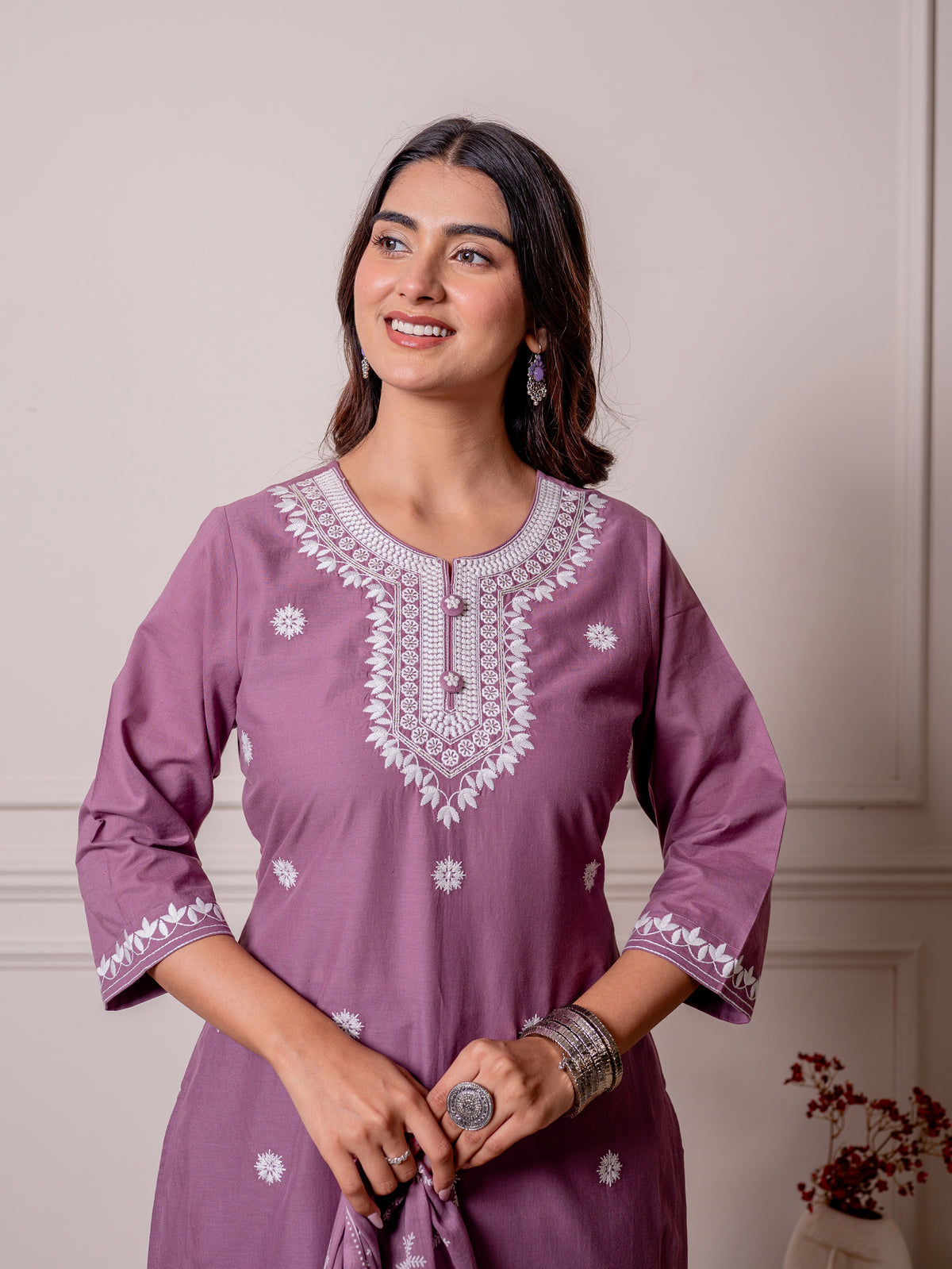 Embroidered Soft Cotton Solid Straight Purple Kurta