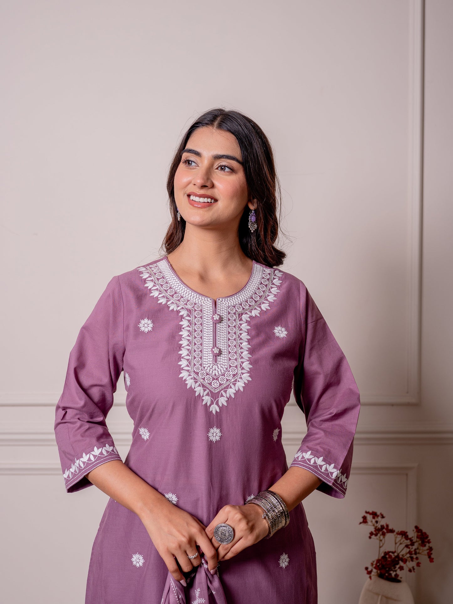 Embroidered Soft cotton Solid Straight Purple Kurta