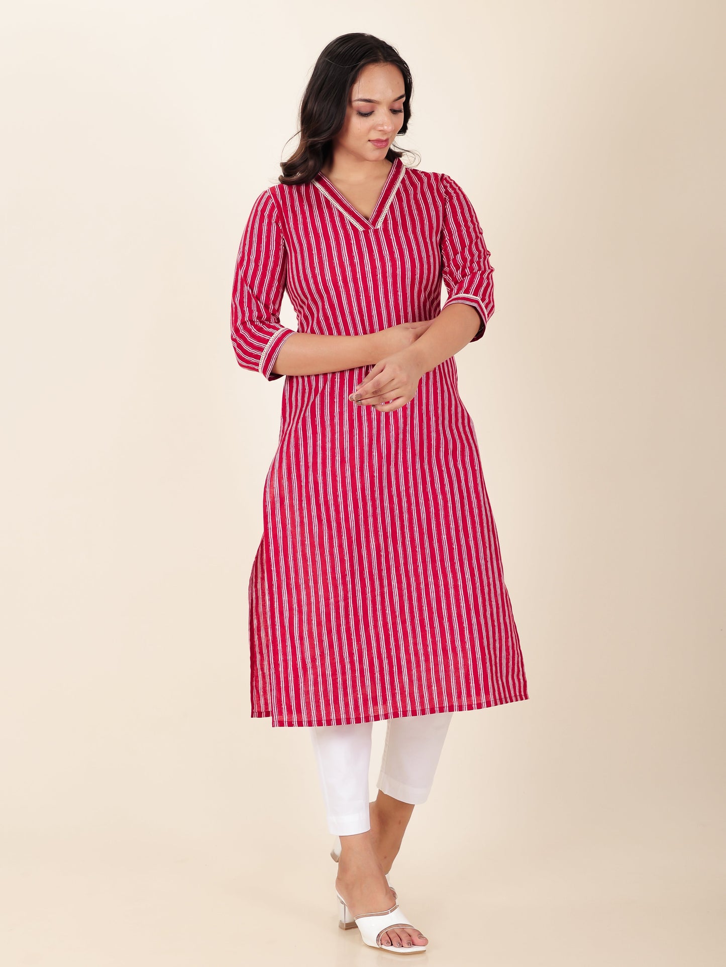 Soft Cotton Striped Straight Red Kurta