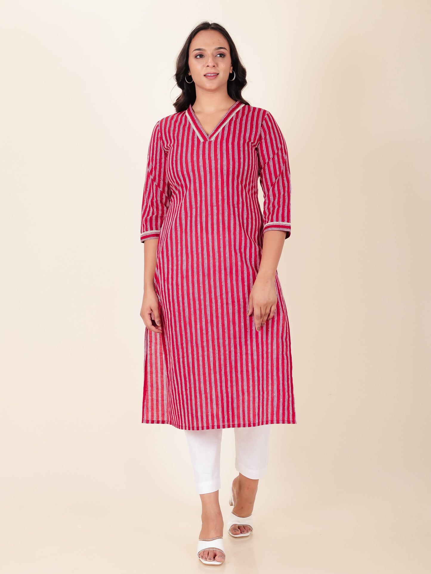 Soft Cotton Striped Straight Red Kurta