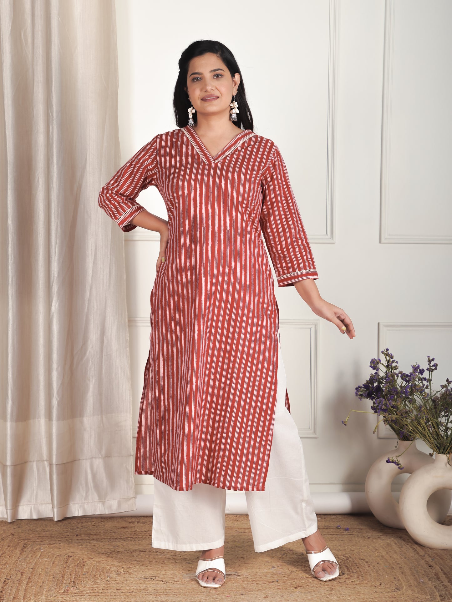 Soft Cotton Striped Straight Red Kurta