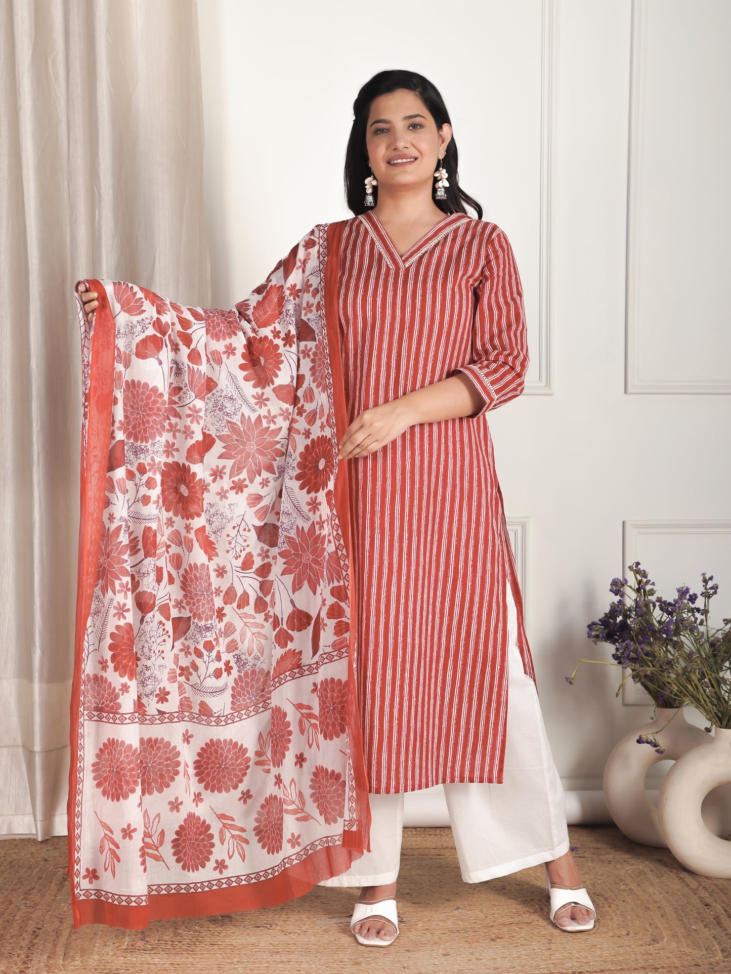 Soft Cotton Striped Straight Red Kurta