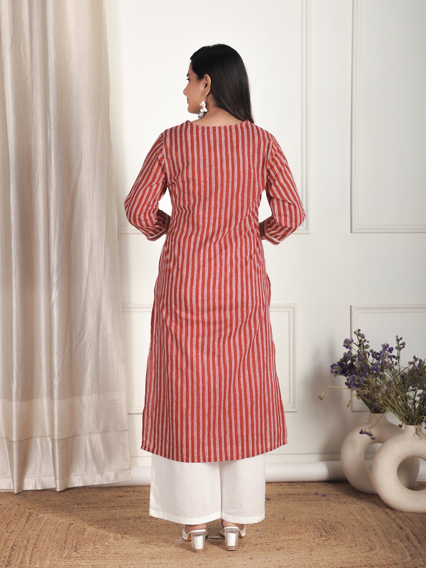 Soft Cotton Striped Straight Red Kurta