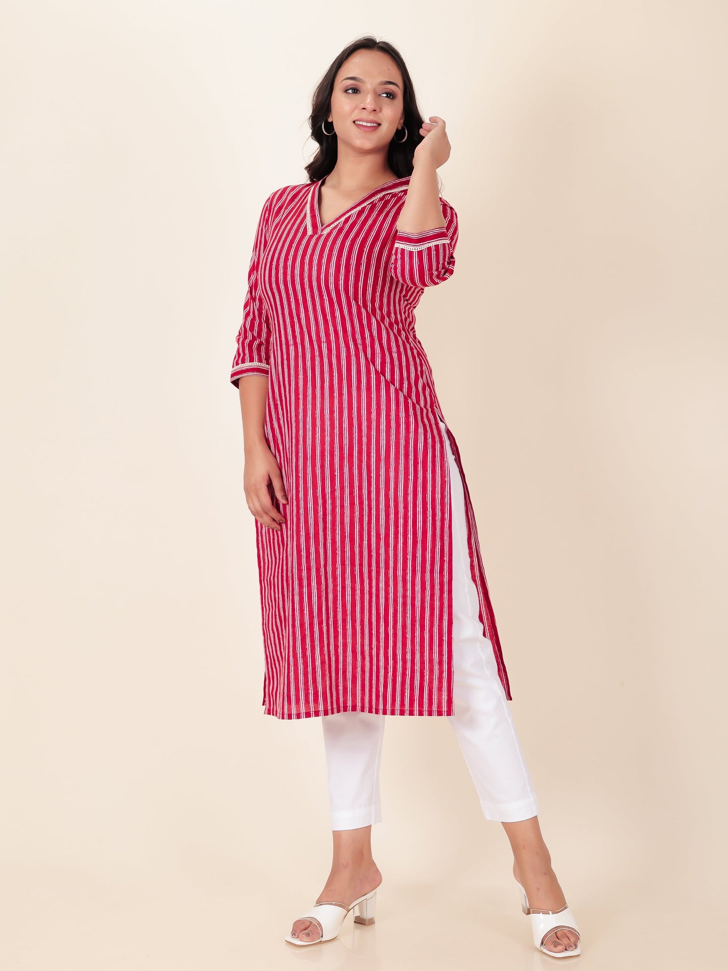 Soft Cotton Striped Straight Red Kurta