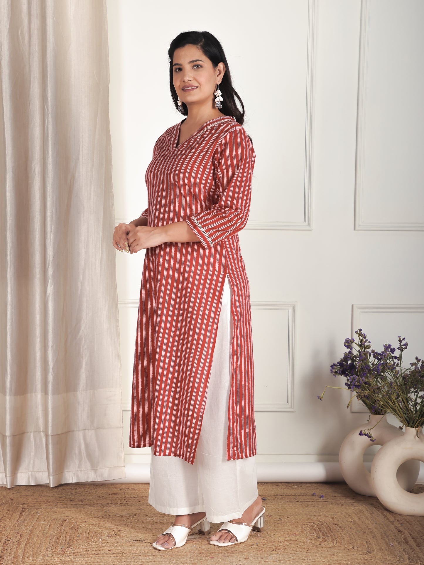 Soft Cotton Striped Straight Red Kurta