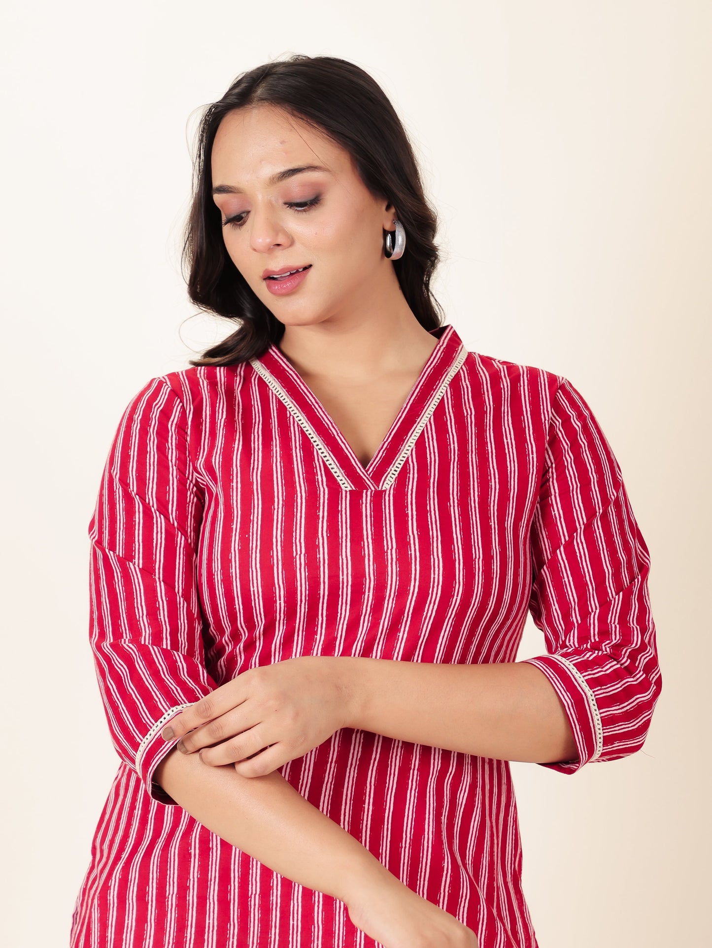 Soft Cotton Striped Straight Red Kurta