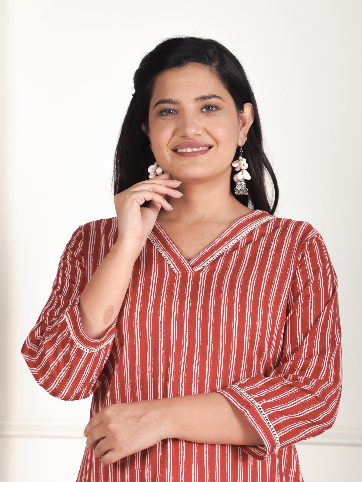 Soft Cotton Striped Straight Red Kurta