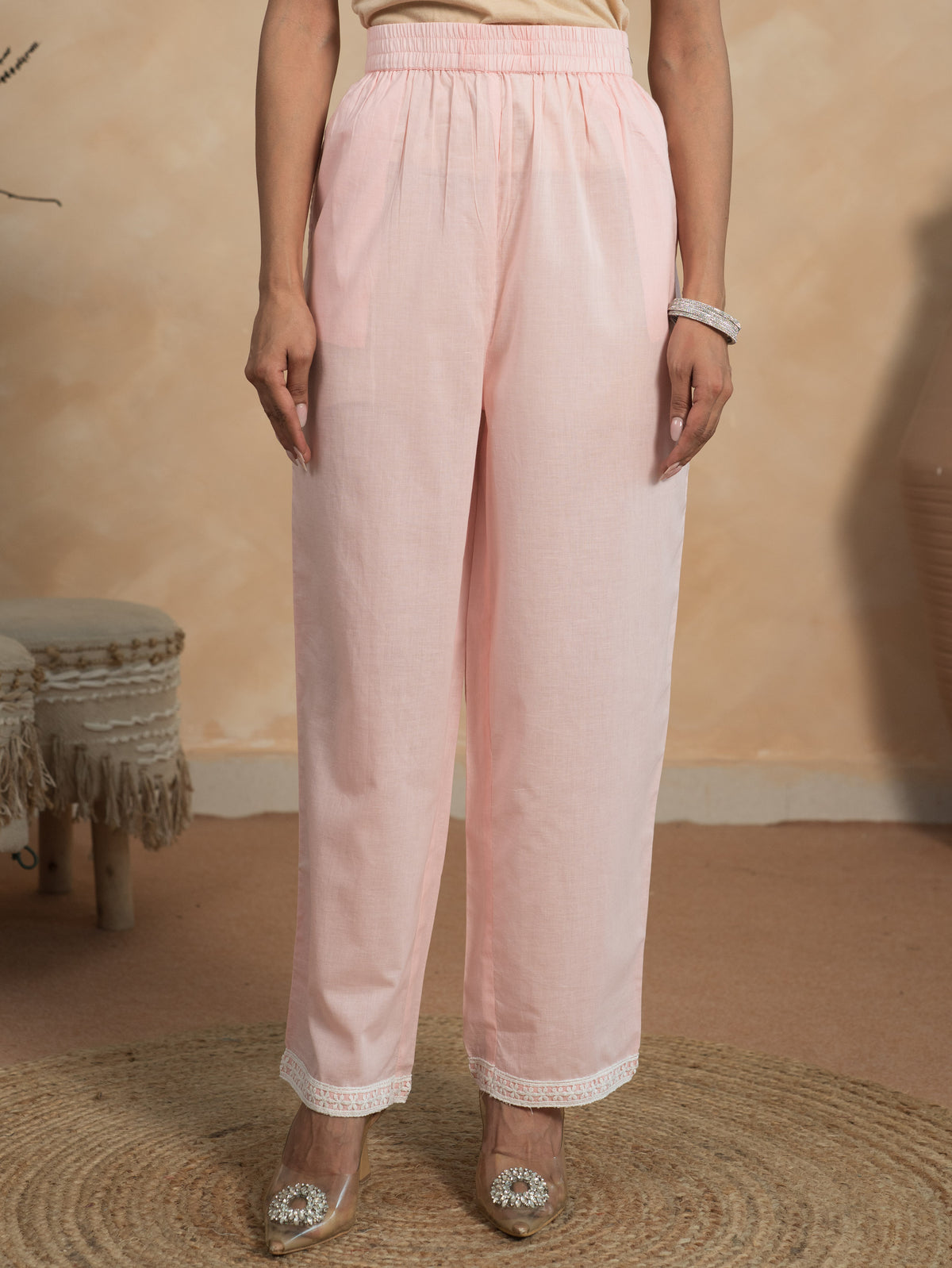Soft Cotton Solid Pink Straight Trousers