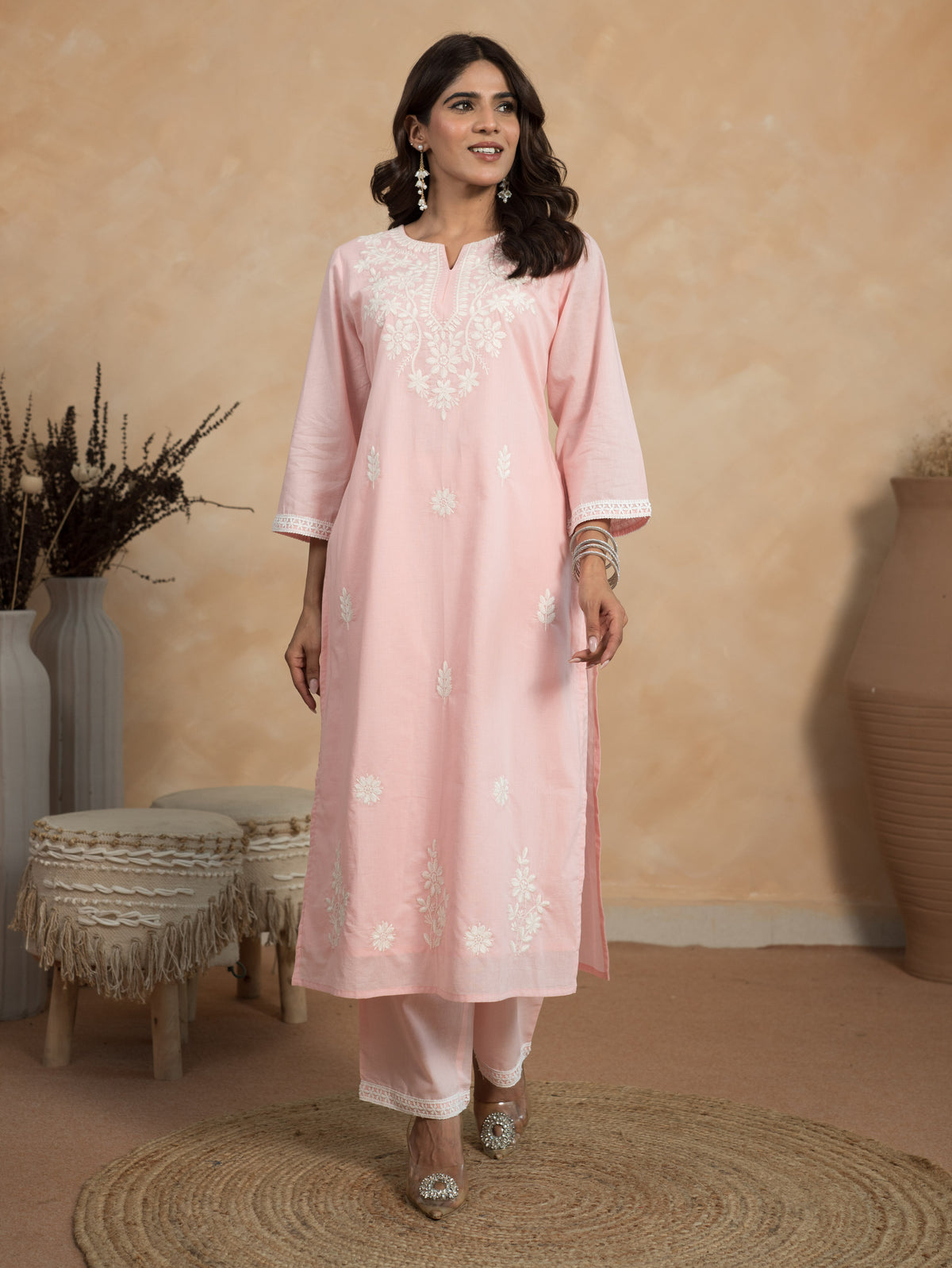 Embroidered Soft Cotton Solid Straight Pink Kurta