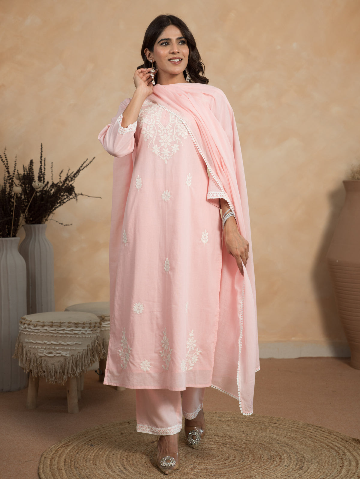 Embroidered Soft Cotton Solid Straight Pink Kurta
