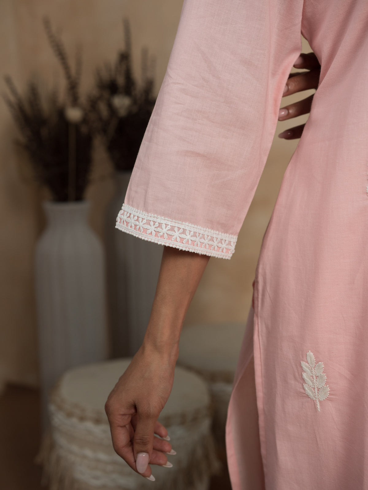 Embroidered Soft Cotton Solid Straight Pink Kurta