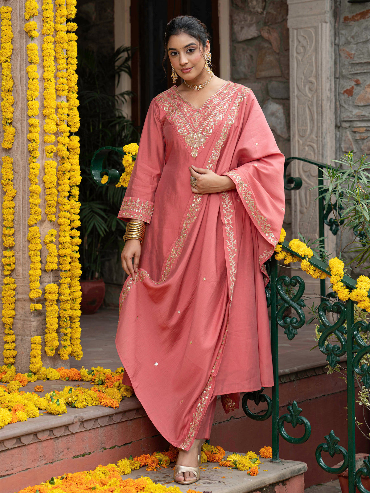 Embroidered chanderi solid peach dupatta