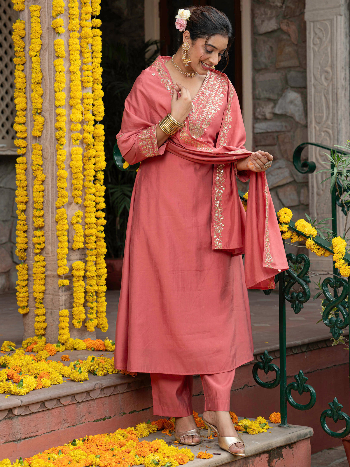 Embroidered chanderi solid peach dupatta