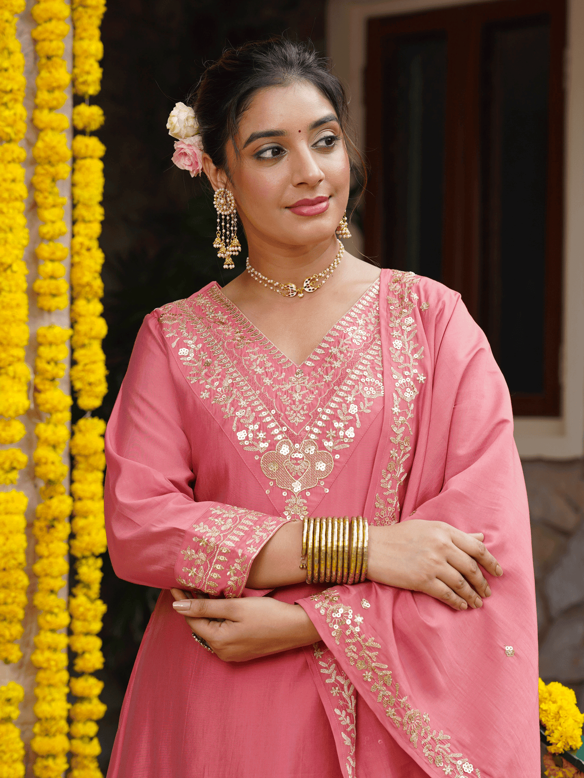 Embroidered chanderi solid flared peach kurta