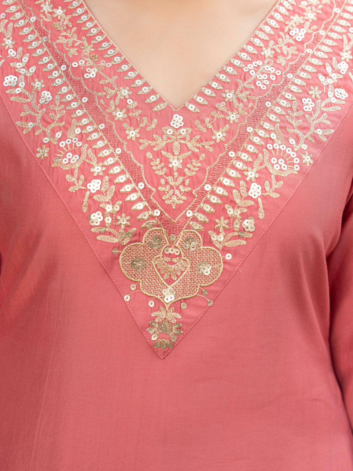Embroidered chanderi solid flared peach kurta