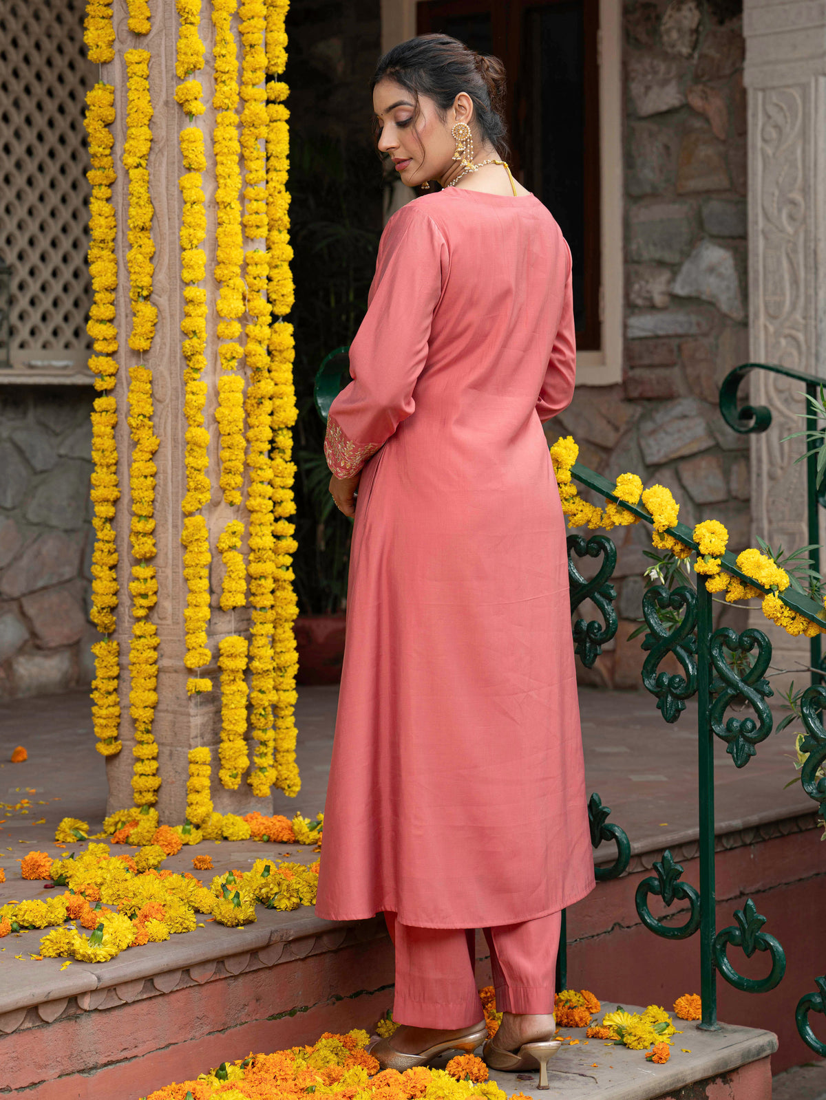 Embroidered chanderi solid flared peach kurta