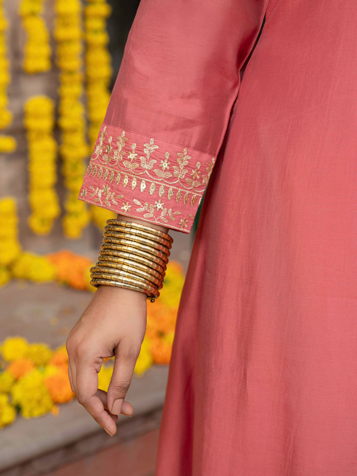 Embroidered chanderi solid flared peach kurta