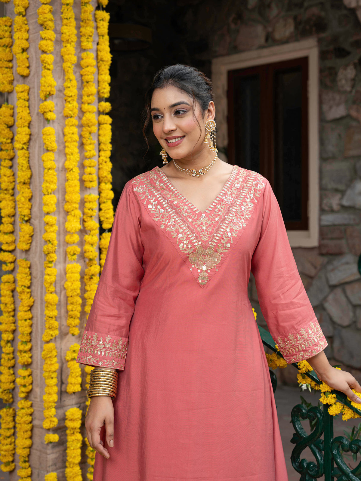 Embroidered chanderi solid flared peach kurta