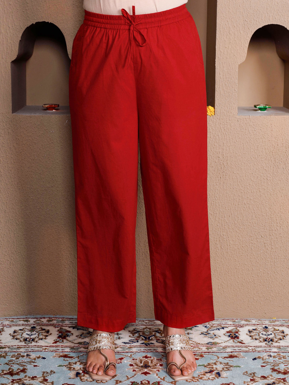 Soft Cotton Solid Red Straight Trousers
