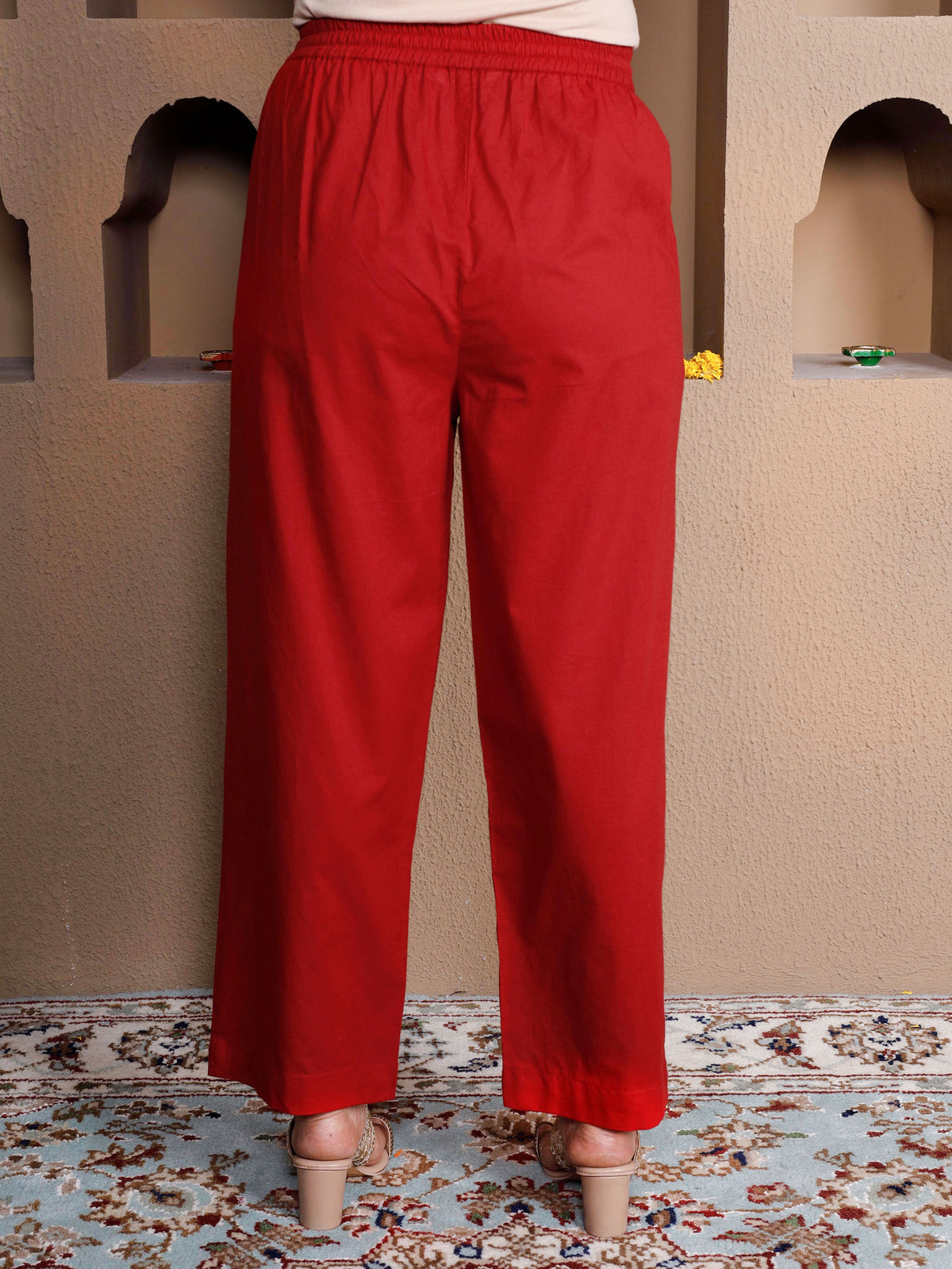 Soft Cotton Solid Red Straight Trousers