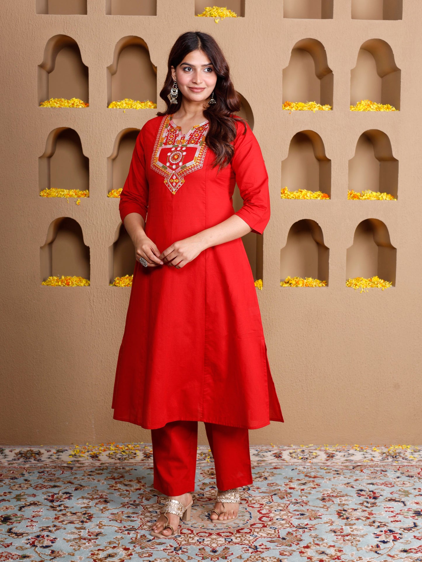 Embroidered Soft cotton Solid Flared Red Kurta