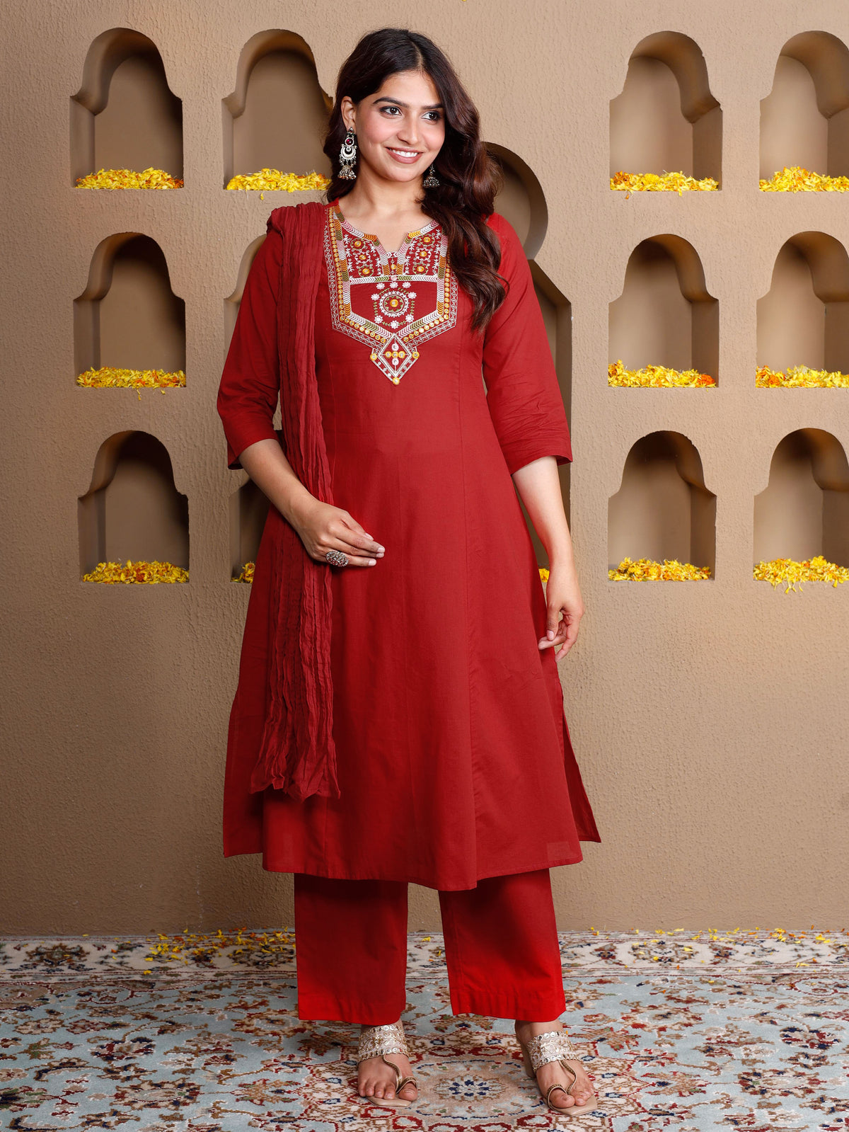 Embroidered Soft Cotton Solid Flared Red Kurta