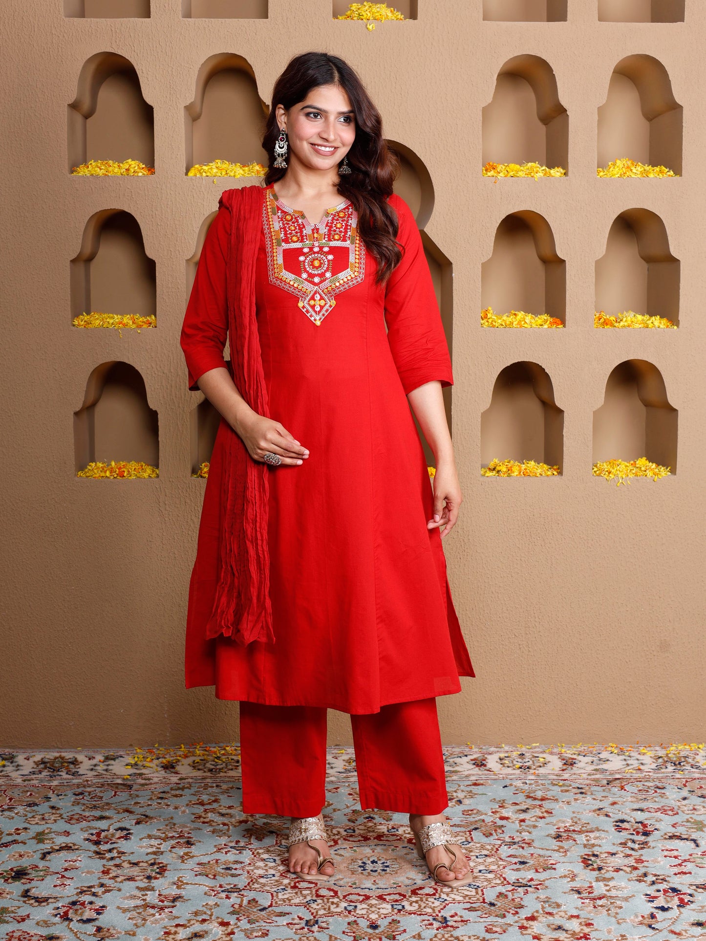 Embroidered Soft cotton Solid Flared Red Kurta