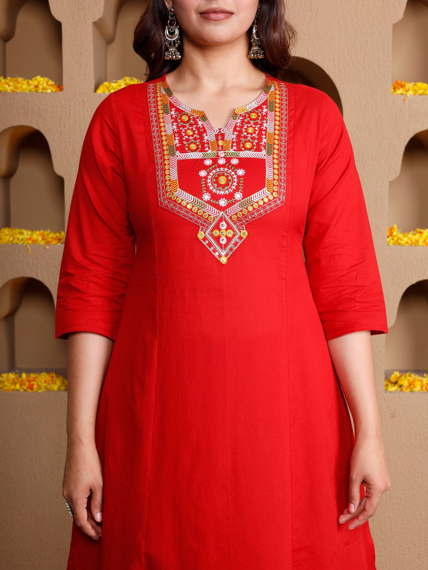 Embroidered Soft cotton Solid Flared Red Kurta