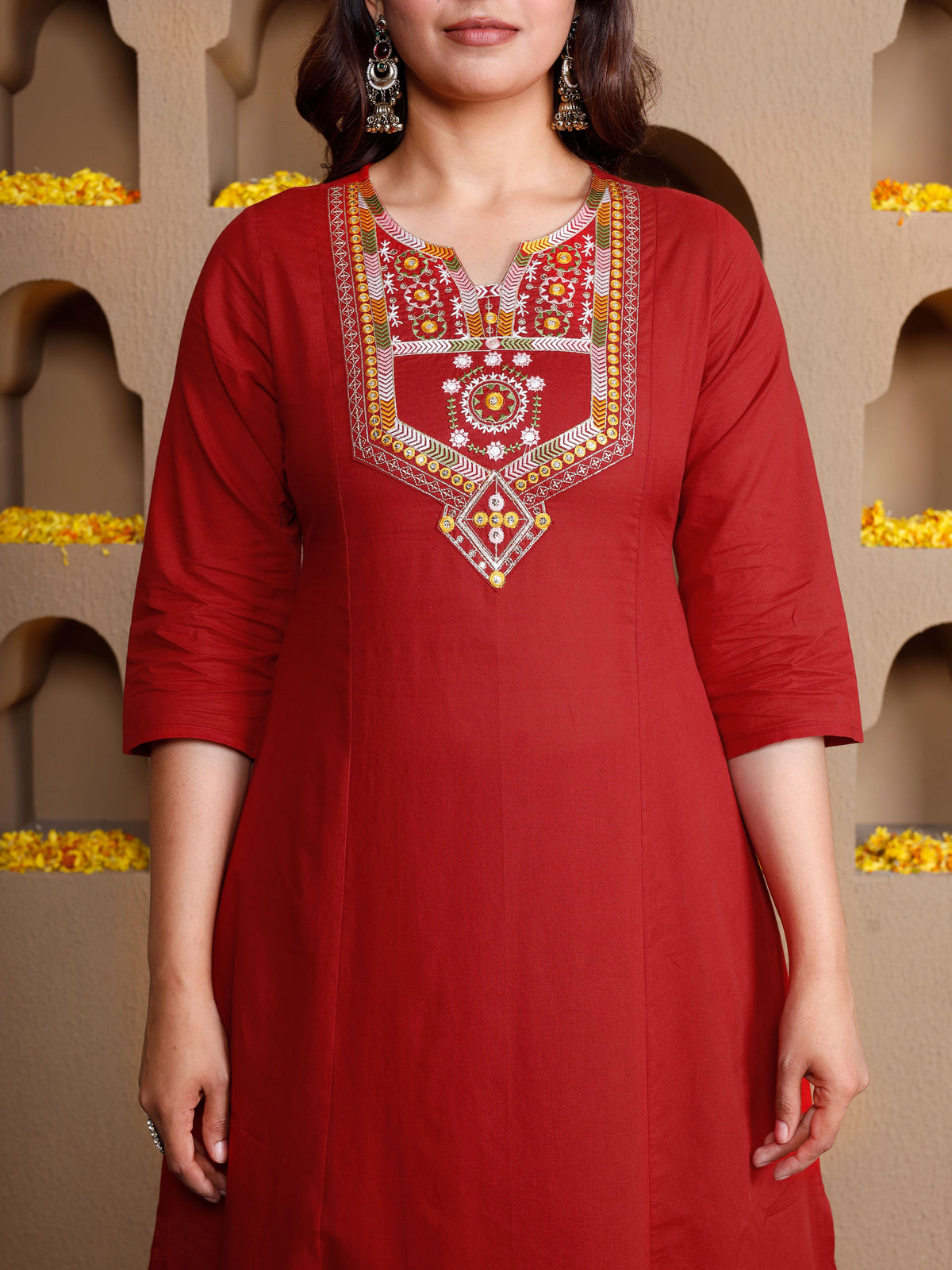 Embroidered Soft Cotton Solid Flared Red Kurta