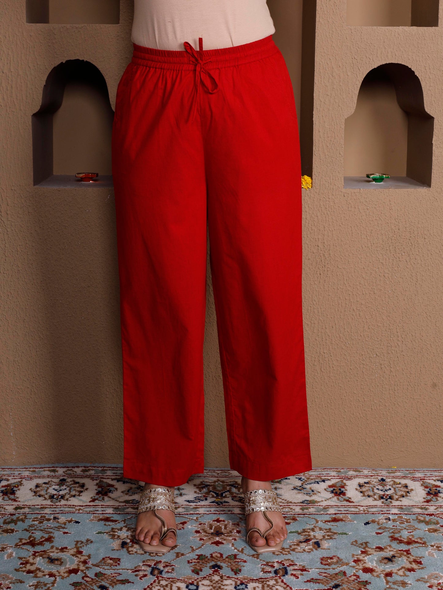 Embroidered Soft cotton Solid Flared Red Kurta