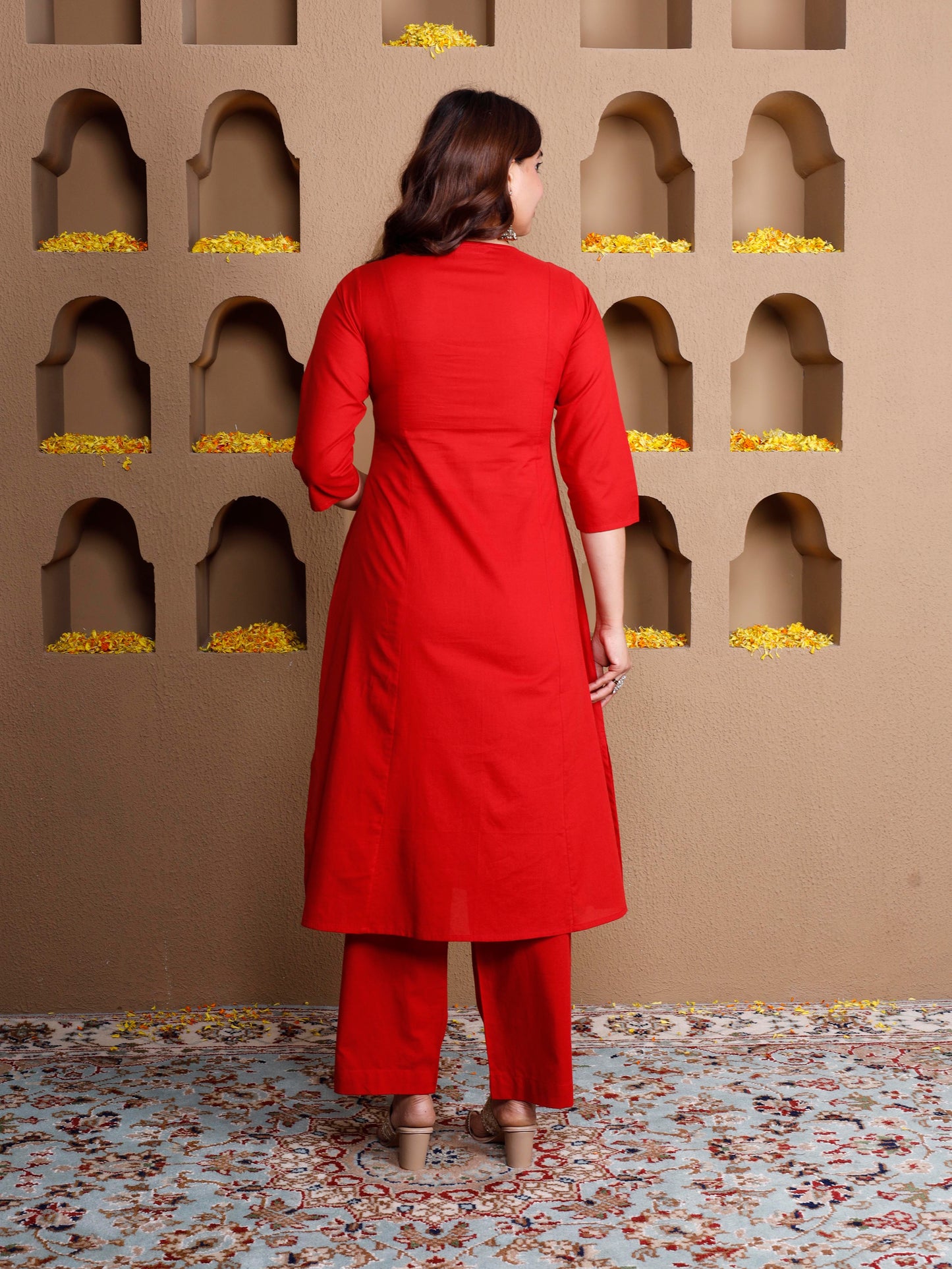 Embroidered Soft cotton Solid Flared Red Kurta