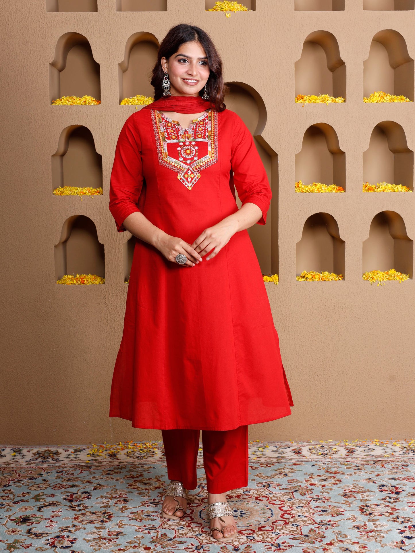 Embroidered Soft cotton Solid Flared Red Kurta
