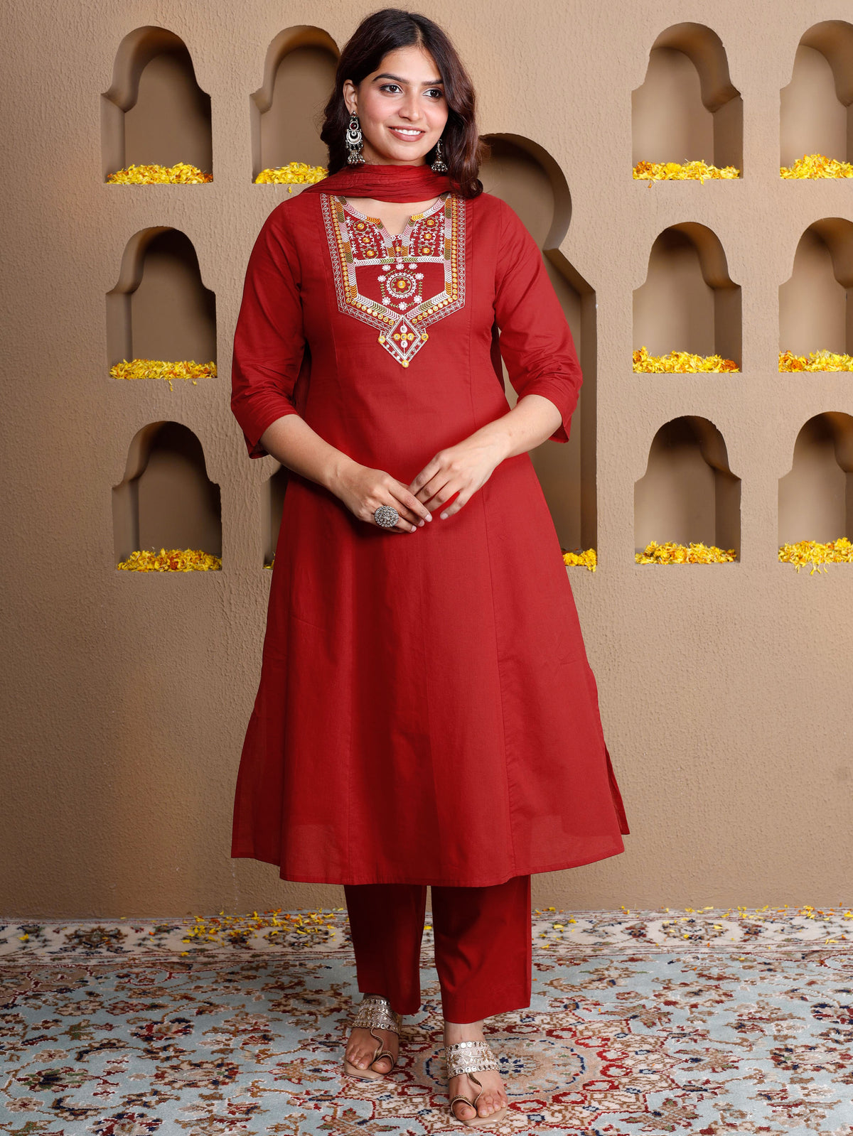 Embroidered Soft Cotton Solid Flared Red Kurta