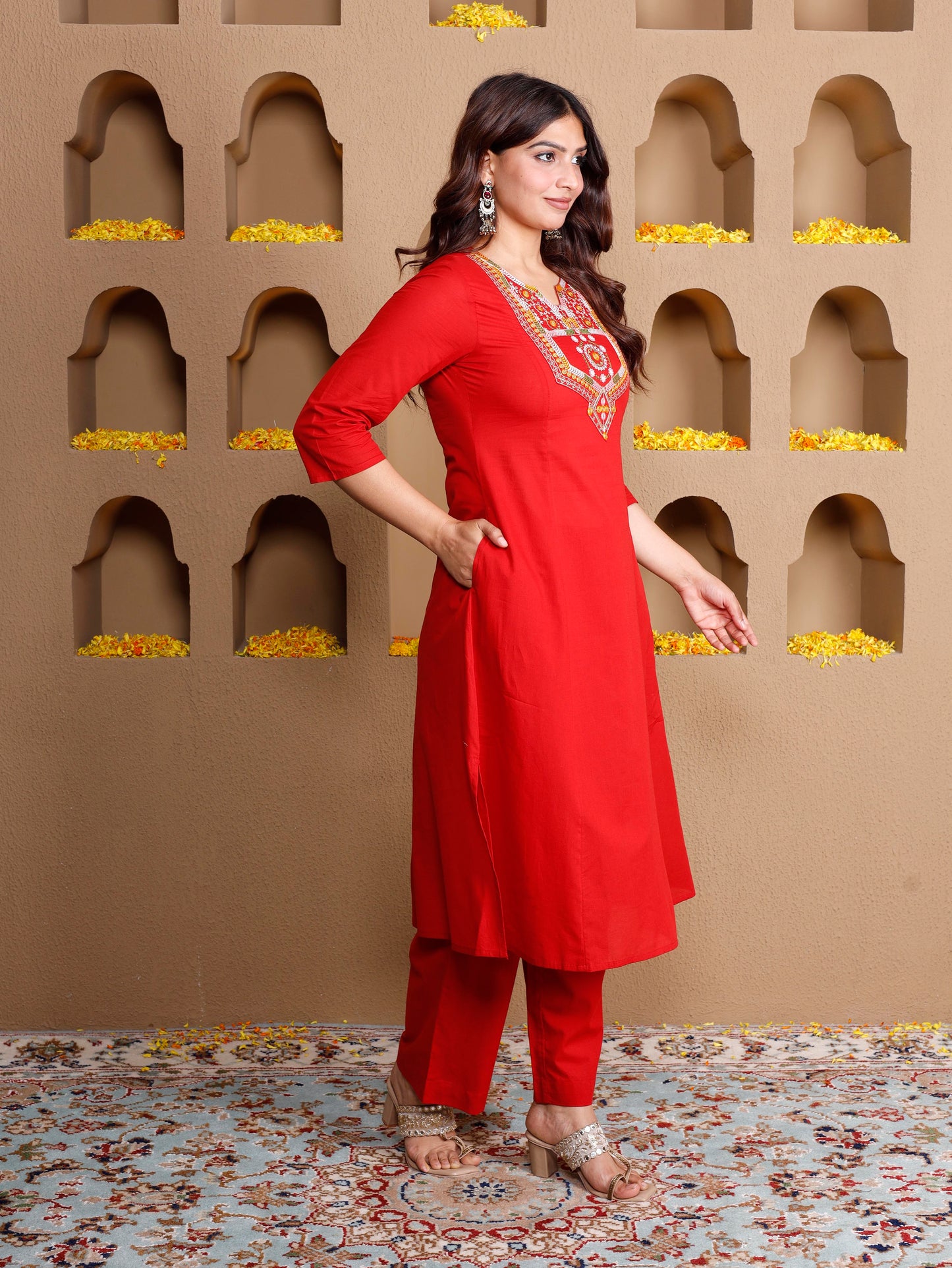 Embroidered Soft cotton Solid Flared Red Kurta