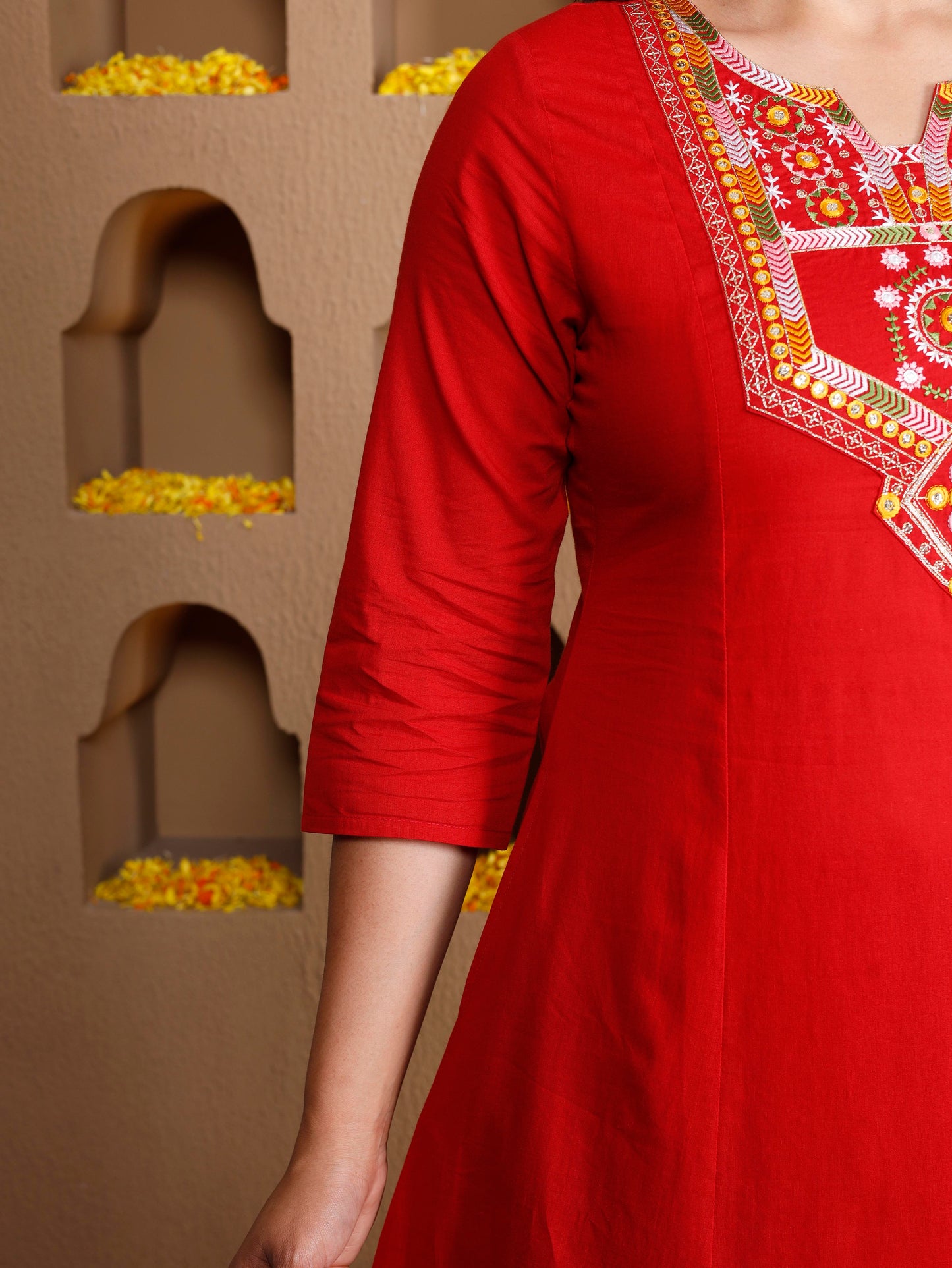 Embroidered Soft cotton Solid Flared Red Kurta