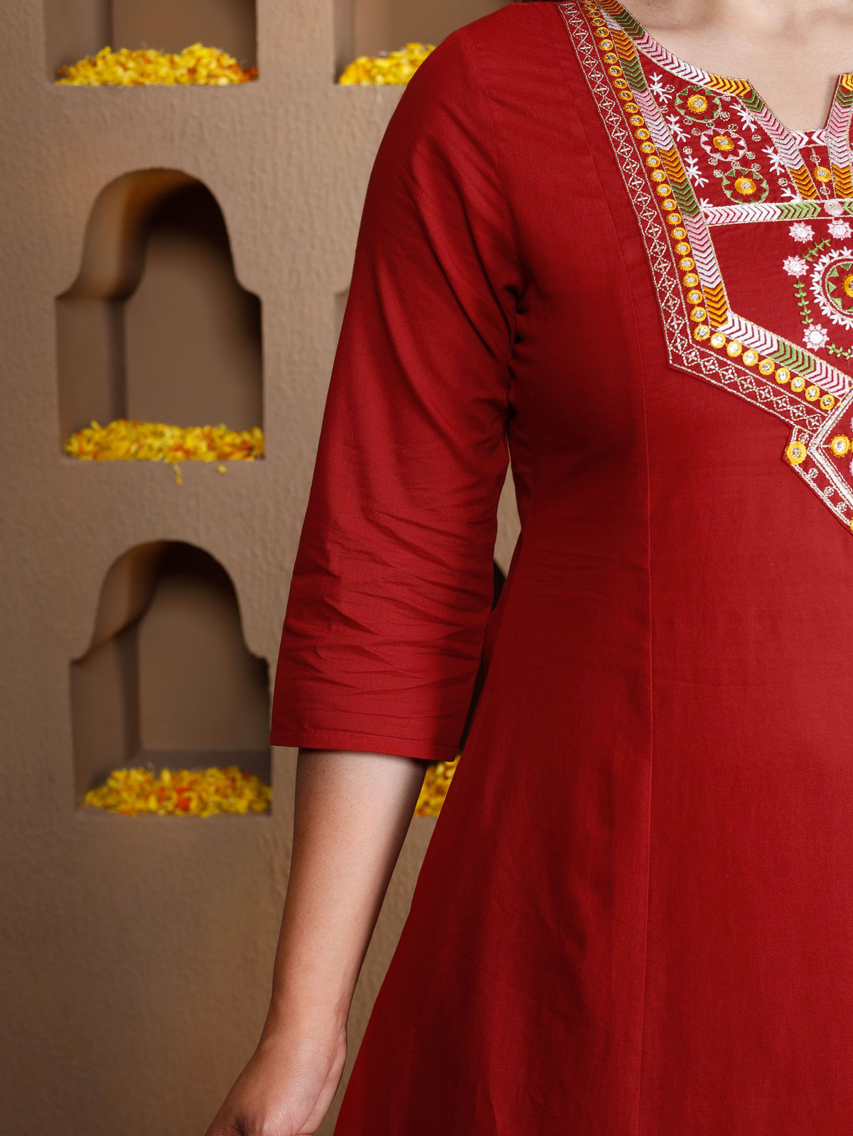 Embroidered Soft Cotton Solid Flared Red Kurta